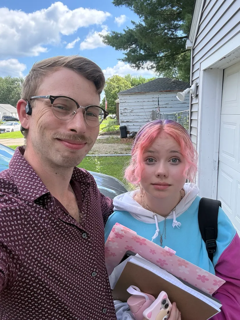 Joshua Herrington and his daughter on a school morning